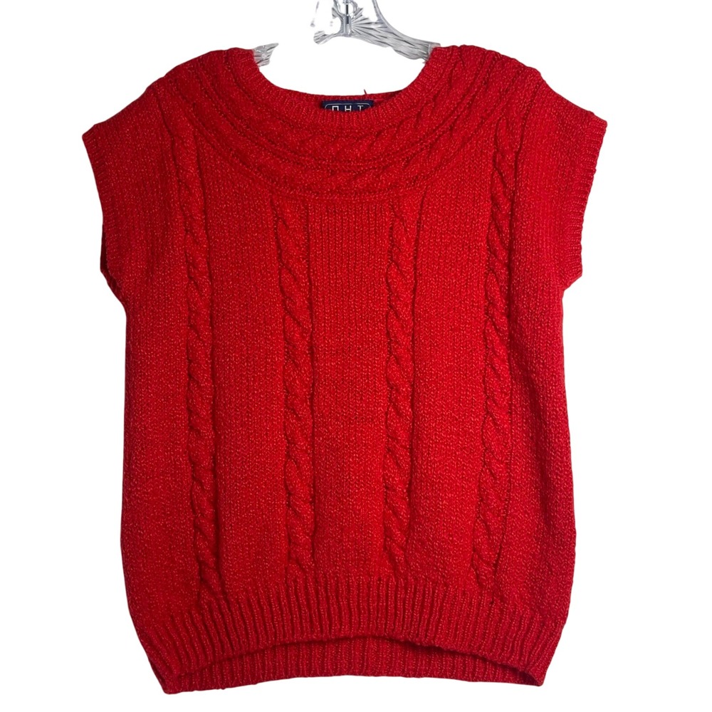 VTG OHI Red Cable Knit Sweater Vest Women's Chunky Soft Sleeveless Pullover